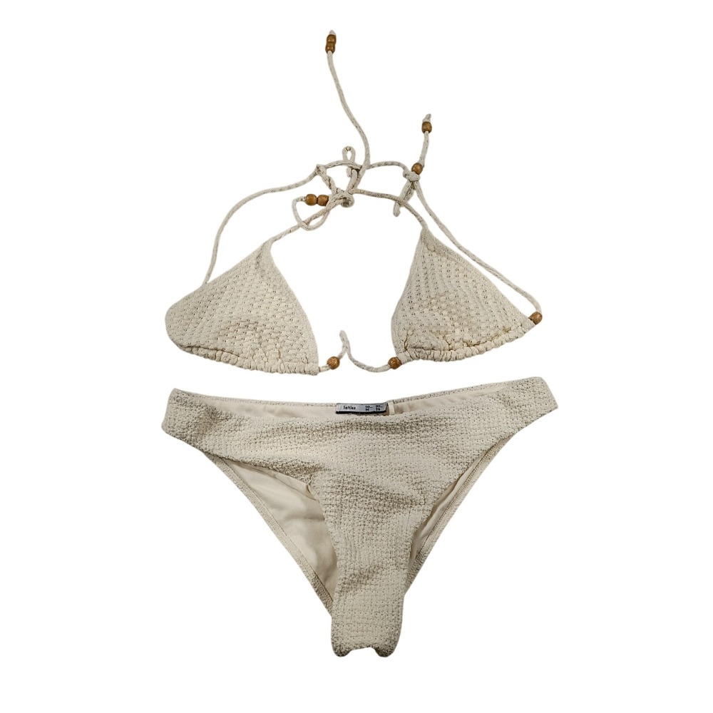 Lefties Bikini Set Women Size M Cream Excellent Textured Wood Bead Triangle Boho